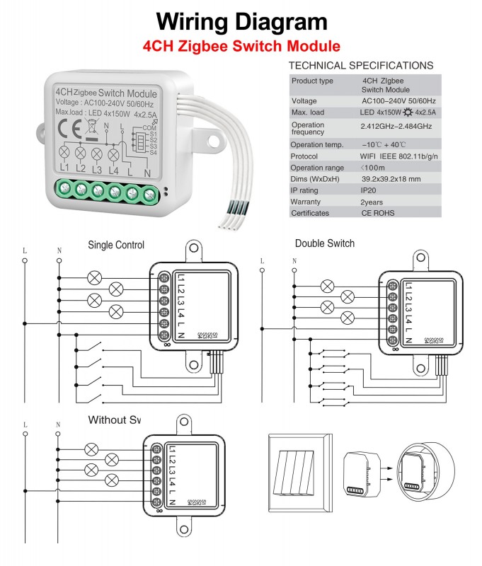 Реле 4-х канальное 4CH WI-FI SWITCH MODULE УМНЫЙ-ДОМ max4*150W max4*2,5A IP20 SPF10540
